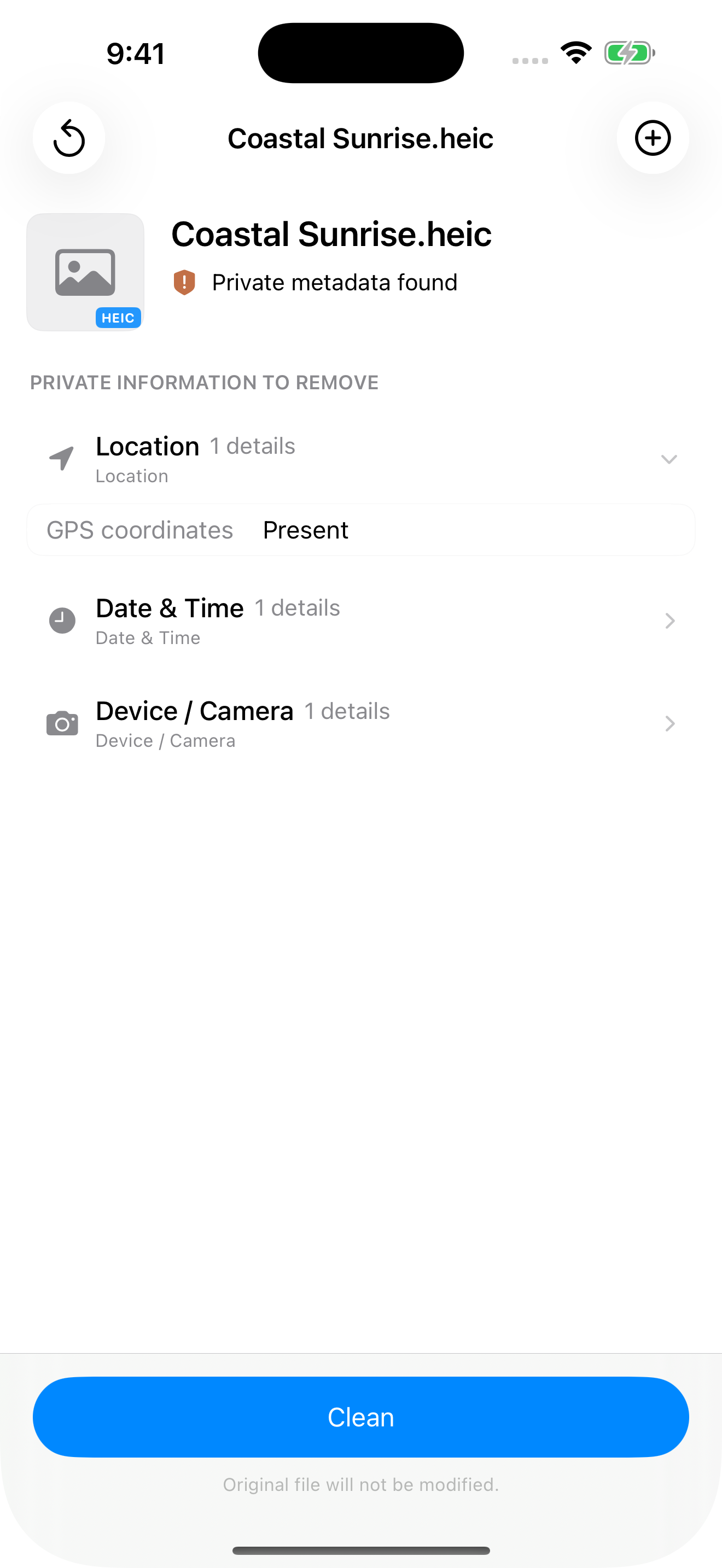 Metadata Cleaner running natively on iPhone showing private metadata review