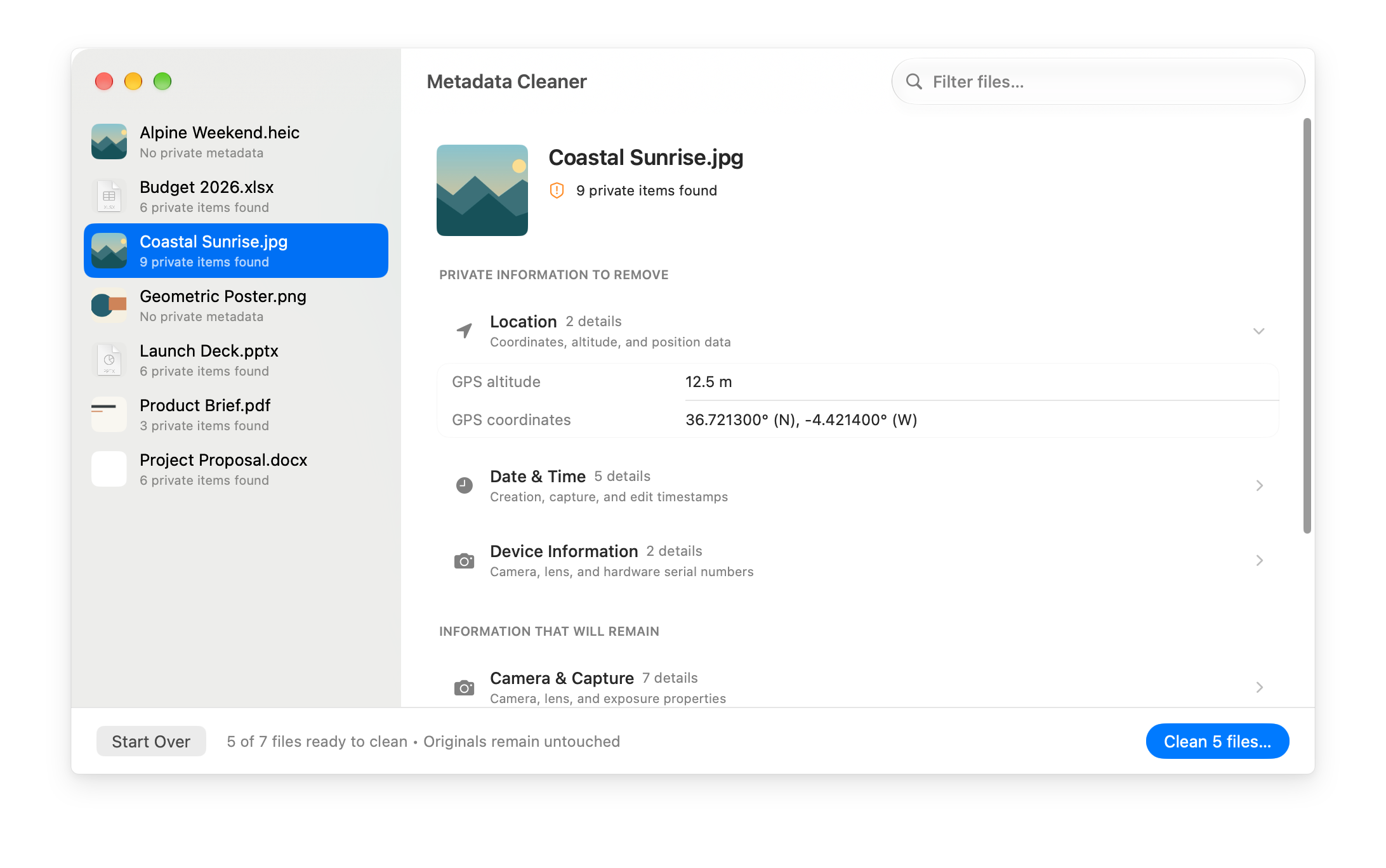 Metadata Cleaner macOS application window displaying batch scan results, private metadata to remove, and preserved properties
