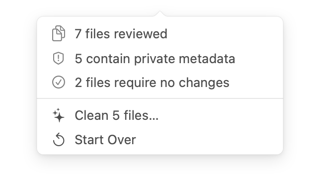 Metadata Cleaner menu bar popover showing 7 files reviewed and clean action