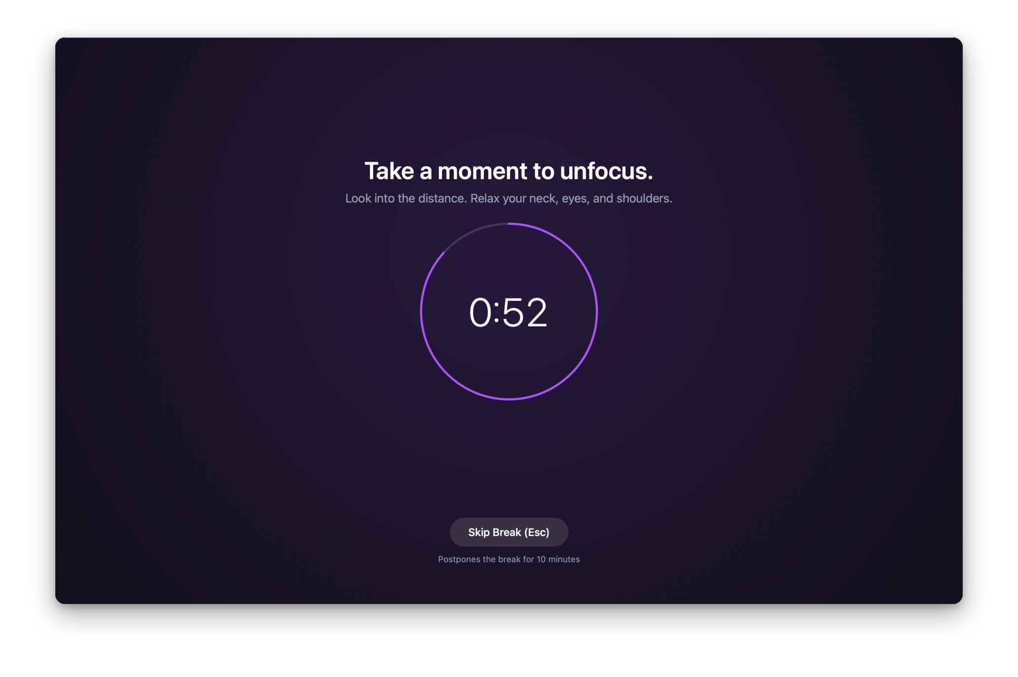 UNFOCUS multi-display break overlay featuring a calming dark frosted background, a 60-second countdown, and a Skip Break action
